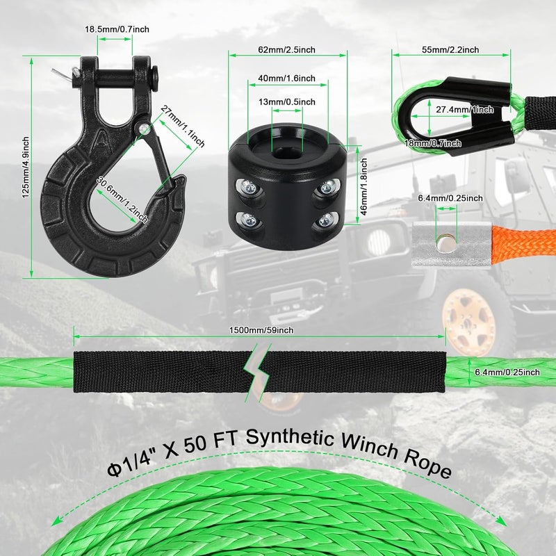 Aomifunny Synthetic Winch Rope,1/4" x 50 ft 10000Lbs Winch Rope Line, Synthetic Winch Cable with Protective Sleeve+Winch Hook+Safety Pull Strap for Offroad Vehicle ATV UTV SUV (Green) - Image 3